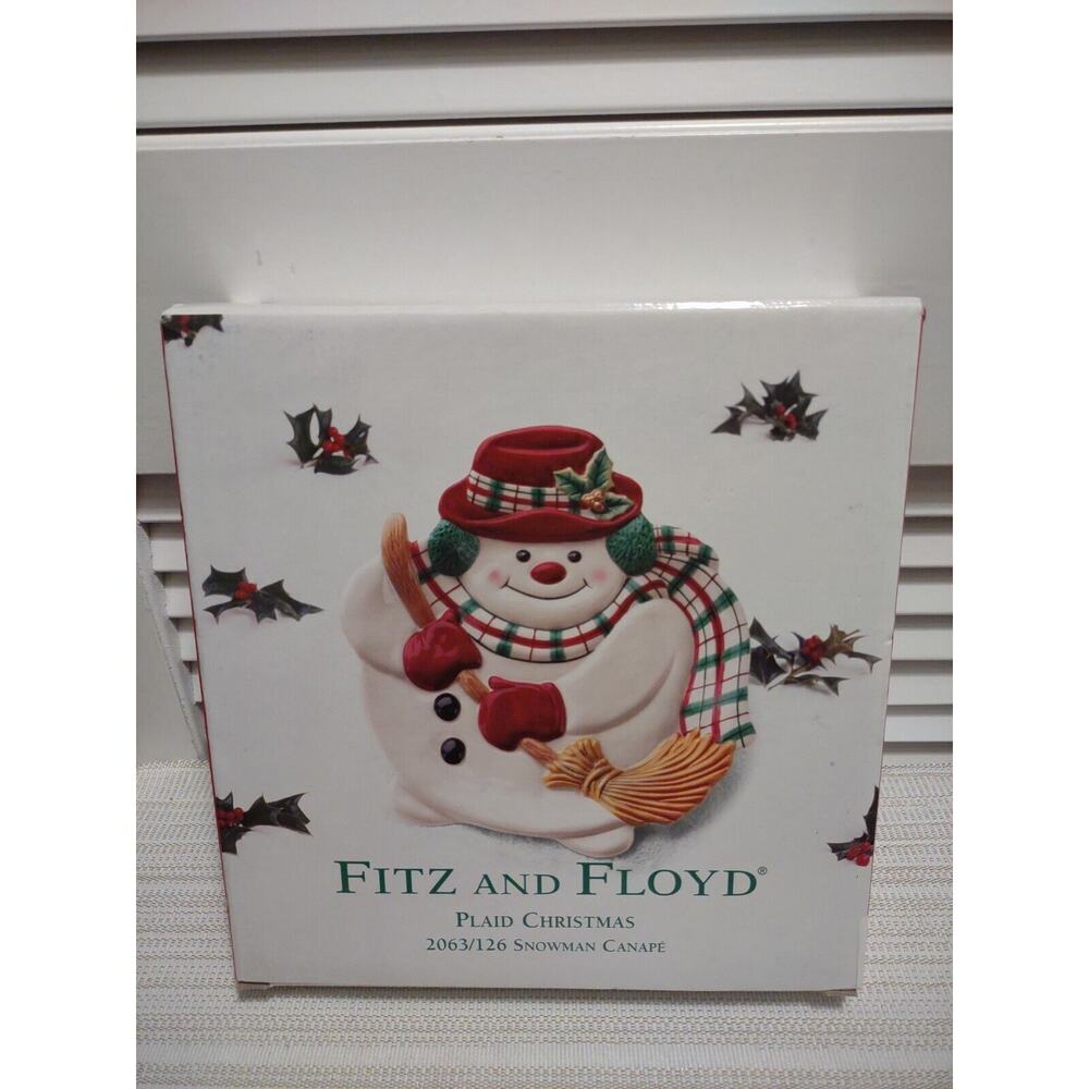 Fitz & Floyd Plaid Christmas 2063/126 Snowman Canapé New In Box 9 x 9 x 1 Inches